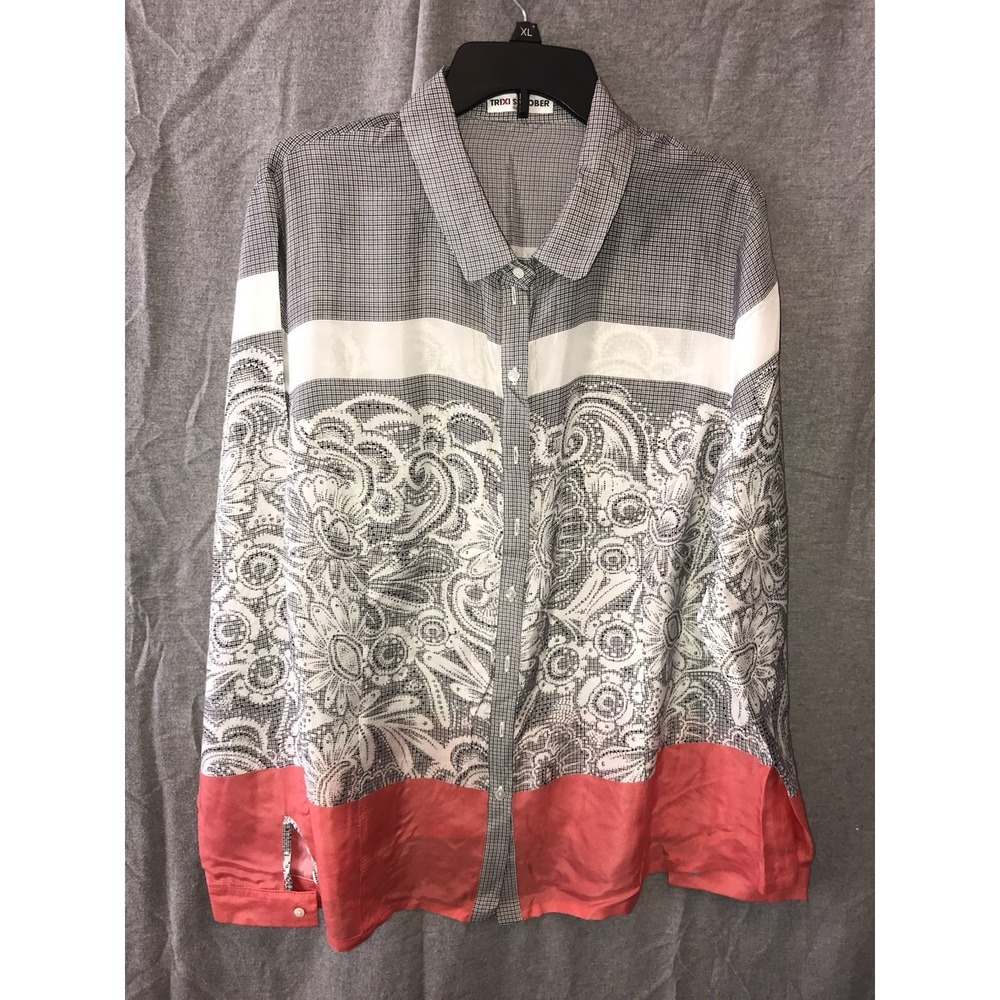 Trixi Schober 100% Silk AOP Long Sleeve Silk Top Blouse 18 Germany Grey Coral